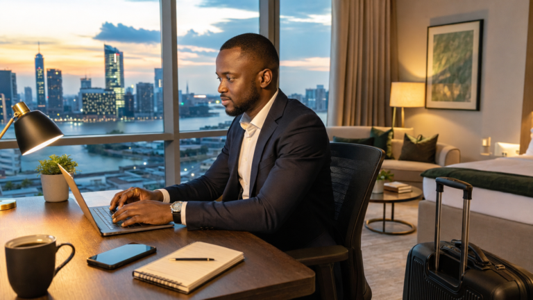 Black business professional working on a laptop inside a premium apartment overlooking the Victoria Island skyline in Lagos.