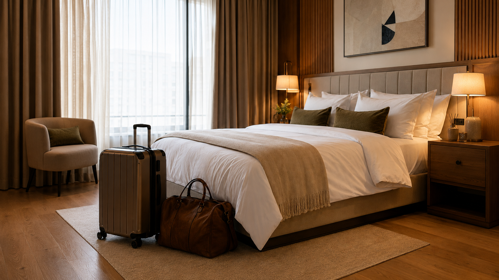 Guest luggage beside a welcoming bed in a LIV Vacation apartment
