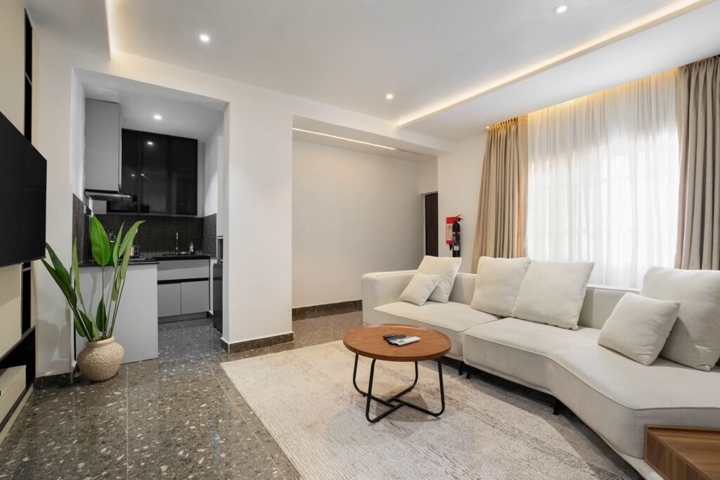 Bright, modern living room in a secure one-bedroom apartment in Ikoyi