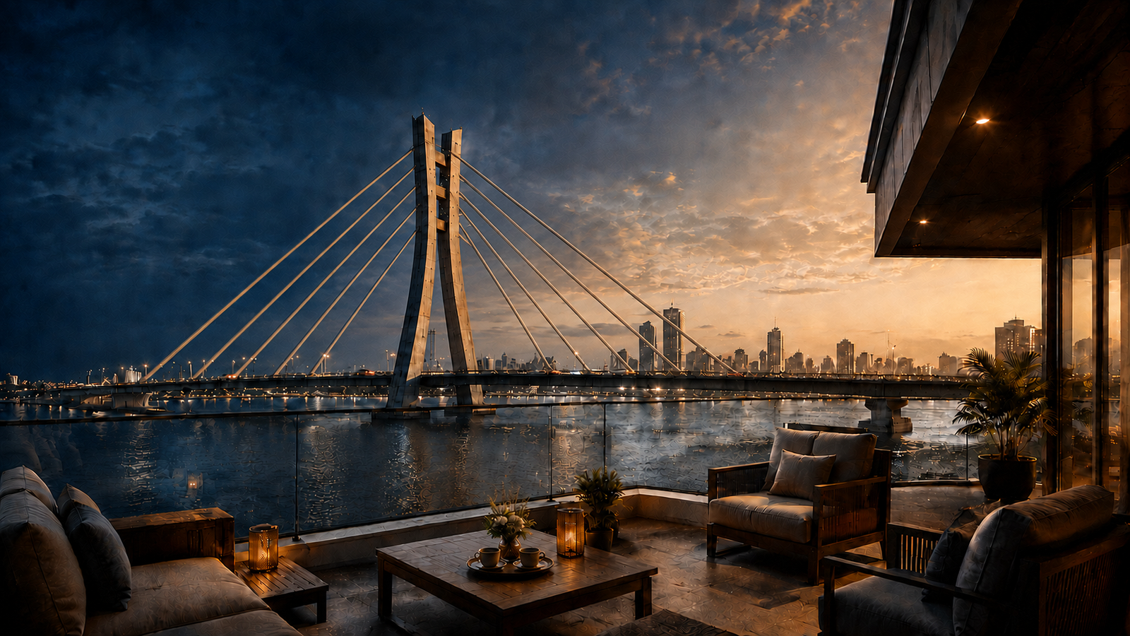 Luxury balcony overlooking the illuminated Lekki-Ikoyi Link Bridge and Lagos skyline at sunset
