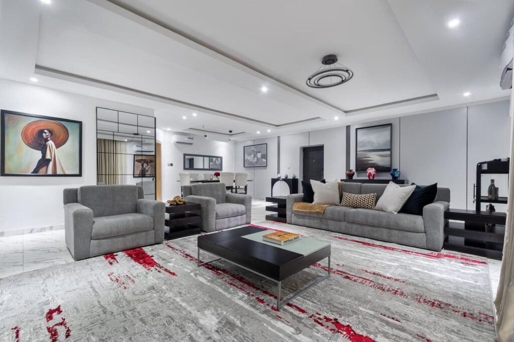 Bright open-plan living and dining area in a luxury three-bedroom apartment off Admiralty Way, Lekki Phase 1