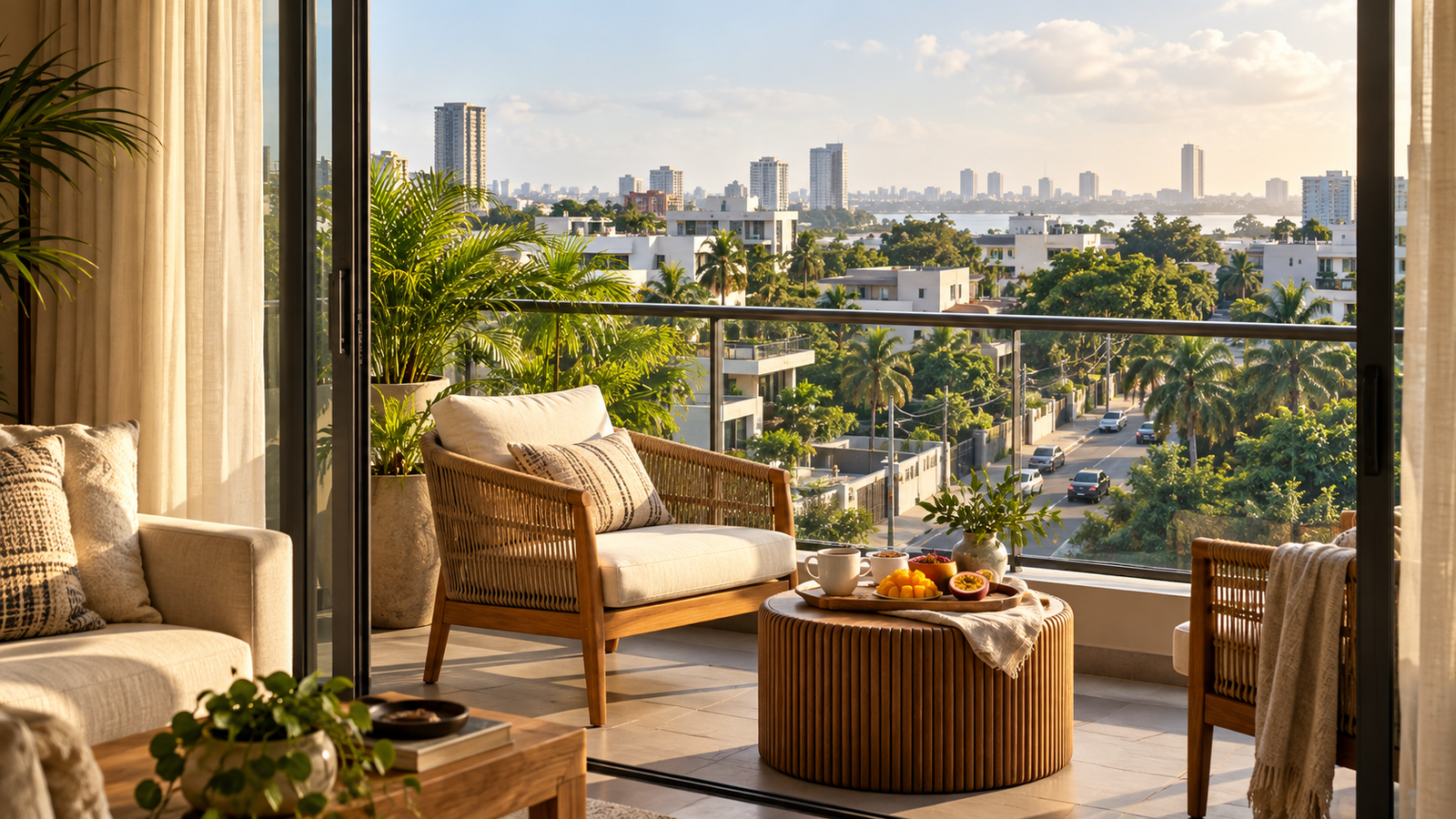 Sunlit apartment balcony overlooking a leafy Lagos neighbourhood, set for a relaxed weekend stay