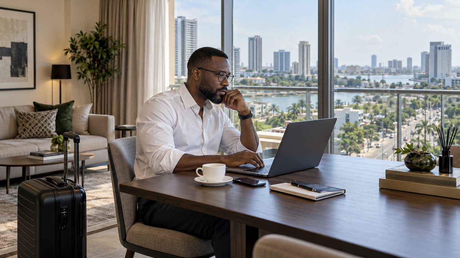 Business traveller working from a serviced apartment in Victoria Island, Lagos