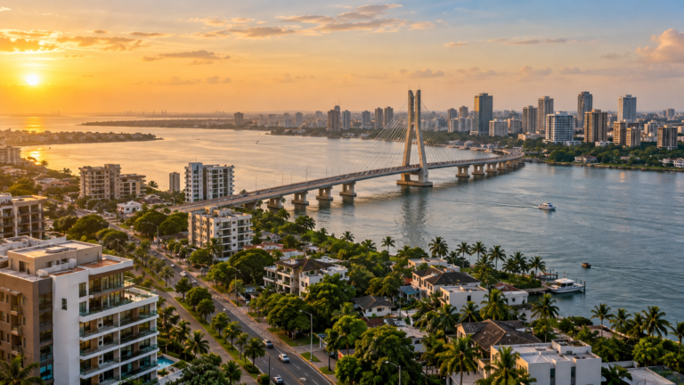 Aerial view of Lekki, Ikoyi and Victoria Island across the Lagos lagoon at golden hour