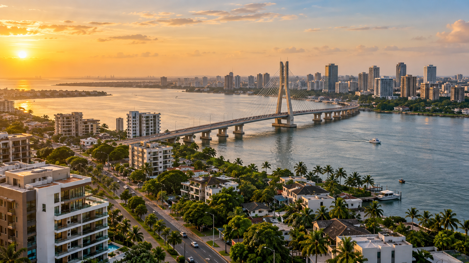 Aerial view of Lekki, Ikoyi and Victoria Island across the Lagos lagoon at golden hour