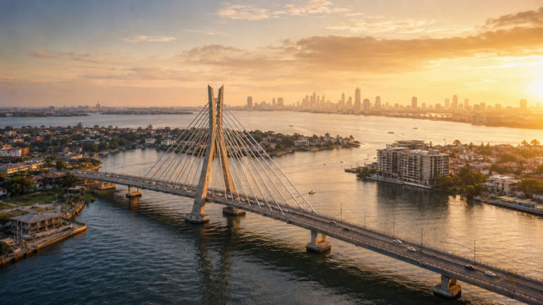 Panoramic view of the Lekki-Ikoyi Link Bridge connecting prime Lagos neighbourhoods at sunset