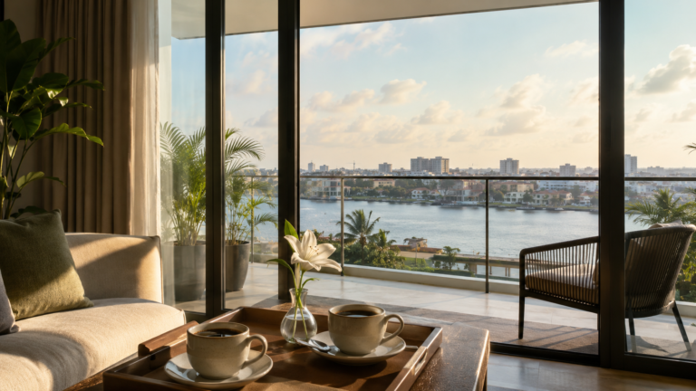 Elegant Lekki Phase 1 apartment overlooking the Lagos waterfront on a peaceful morning