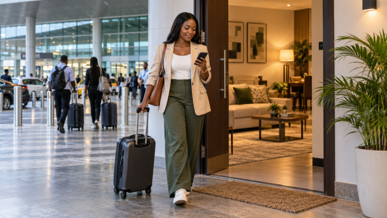 Traveller arriving from a Lagos airport and approaching a welcoming short-stay apartment