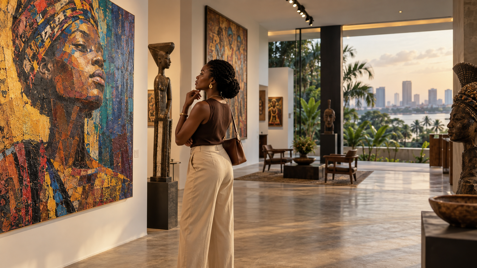 Art lover viewing contemporary African artwork in an Ikoyi gallery