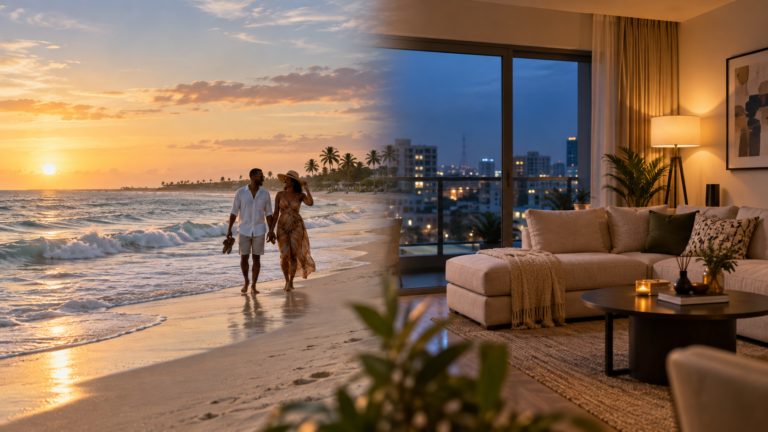 Couple enjoying a Lagos beach day before a peaceful evening in a Lekki apartment
