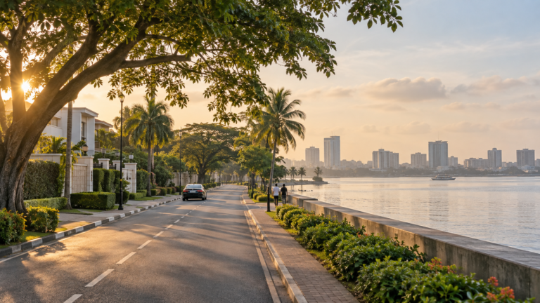 Quiet Ikoyi waterfront road in Lagos on a Sunday morning