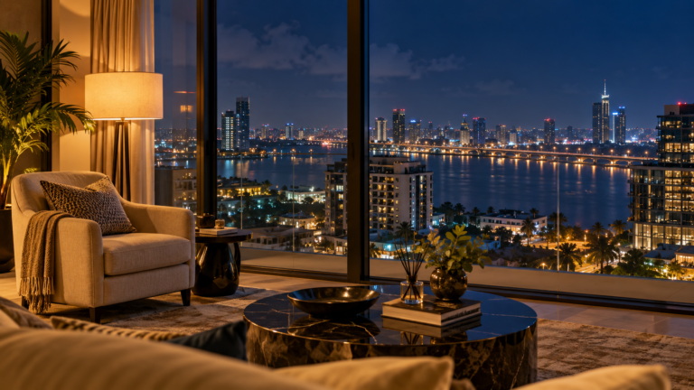 Warm serviced apartment overlooking Lagos city lights at night