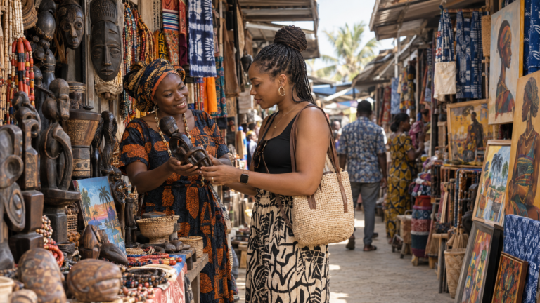 Traveller exploring Nigerian art at Lekki Arts and Crafts Market in Lagos
