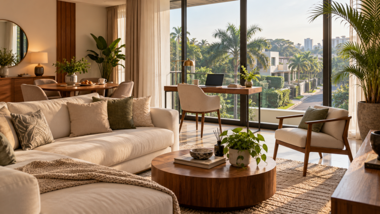 Calm apartment living area with a workspace, illustrating a longer stay in Ikoyi