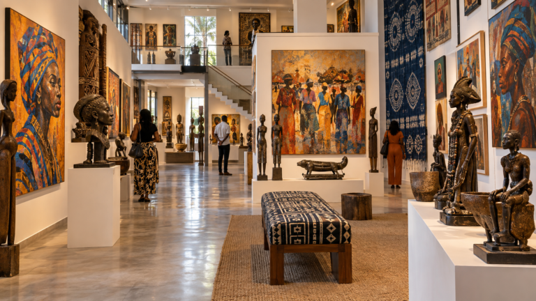 Colourful Nigerian artworks displayed inside Nike Art Gallery Lagos