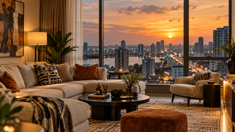 Comfortable apartment living room overlooking a Lagos city skyline at sunset.