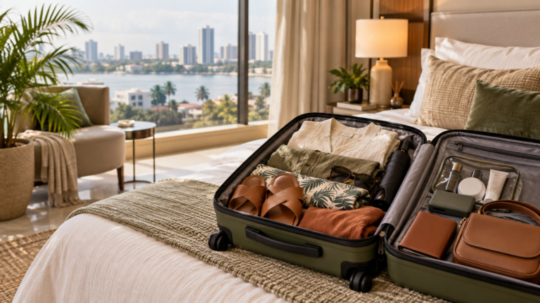 Open suitcase packed with essentials for a short stay in Lagos