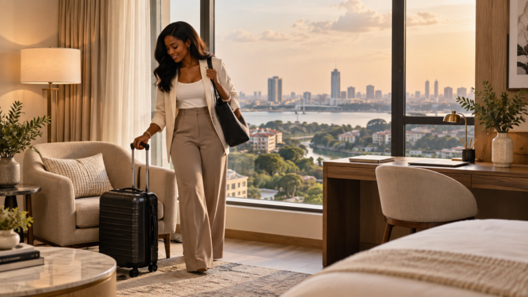 Solo traveller settling into a bright serviced apartment with a suitcase beside a lounge chair